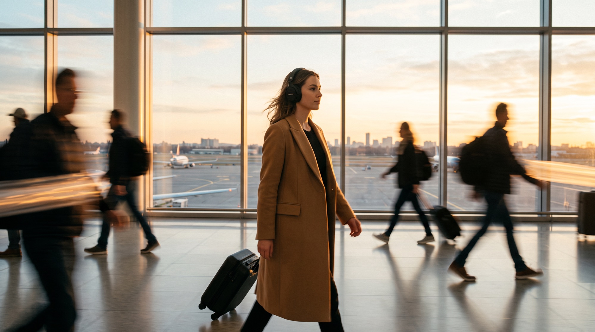 A traveller moving through a sunlit airport terminal
