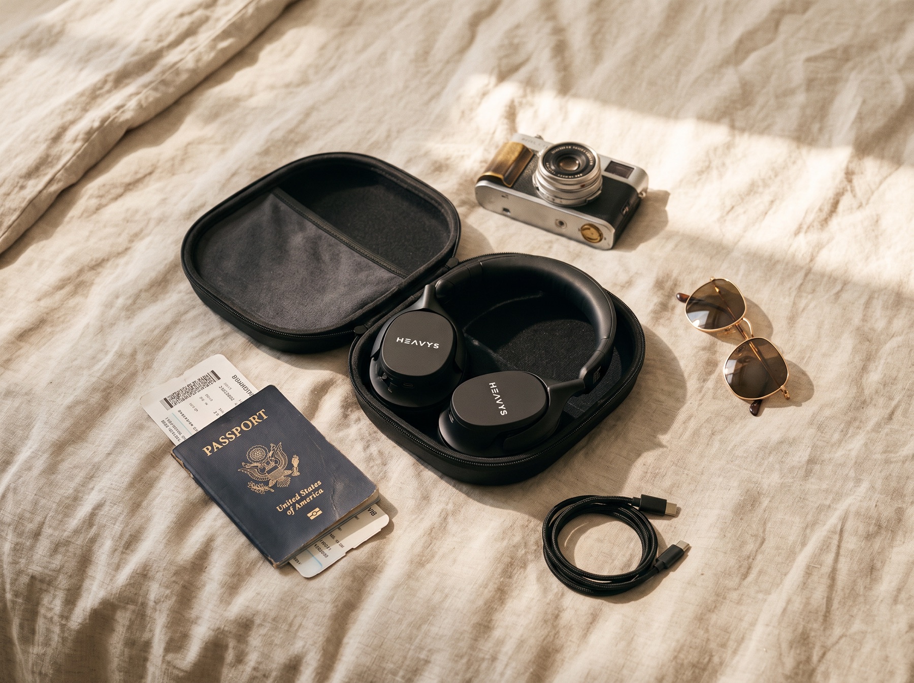 Heavys H1H folded into its travel case with cables, passport and boarding pass