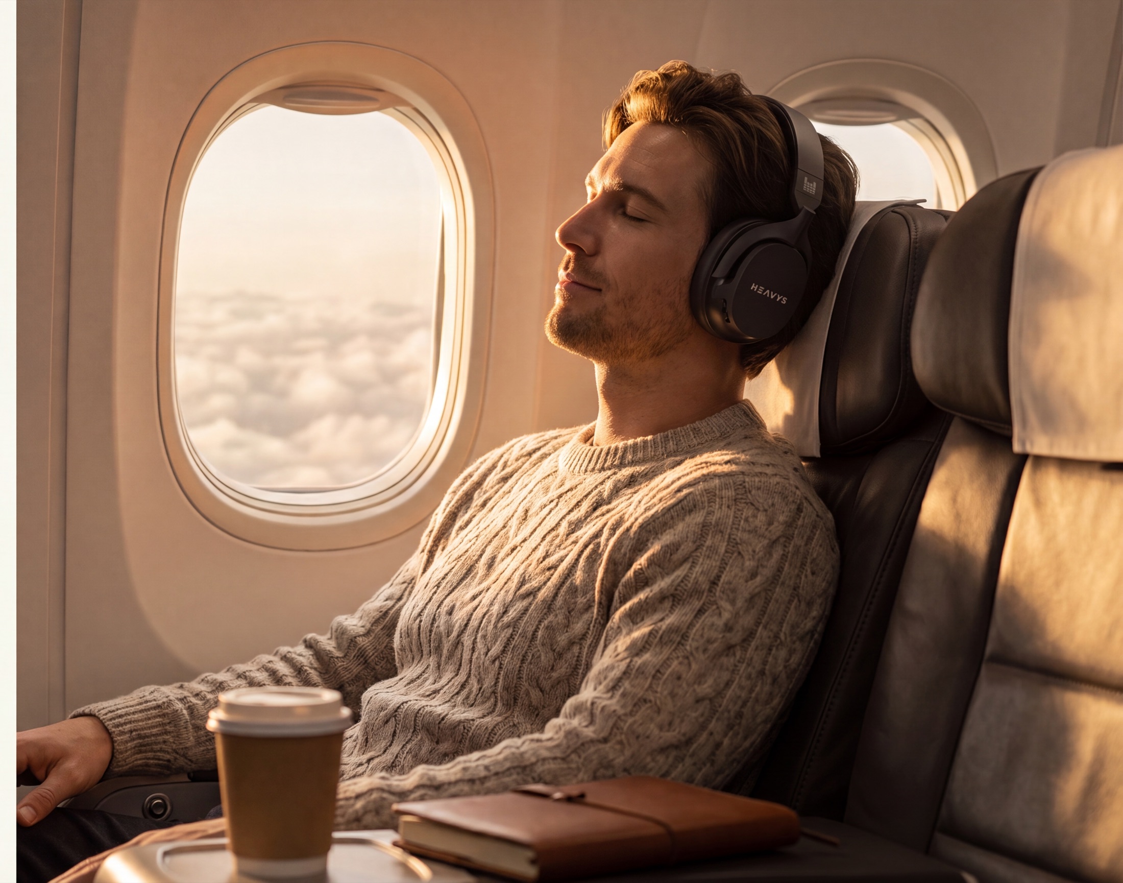 A traveller resting in an airplane window seat wearing Heavys H1H headphones