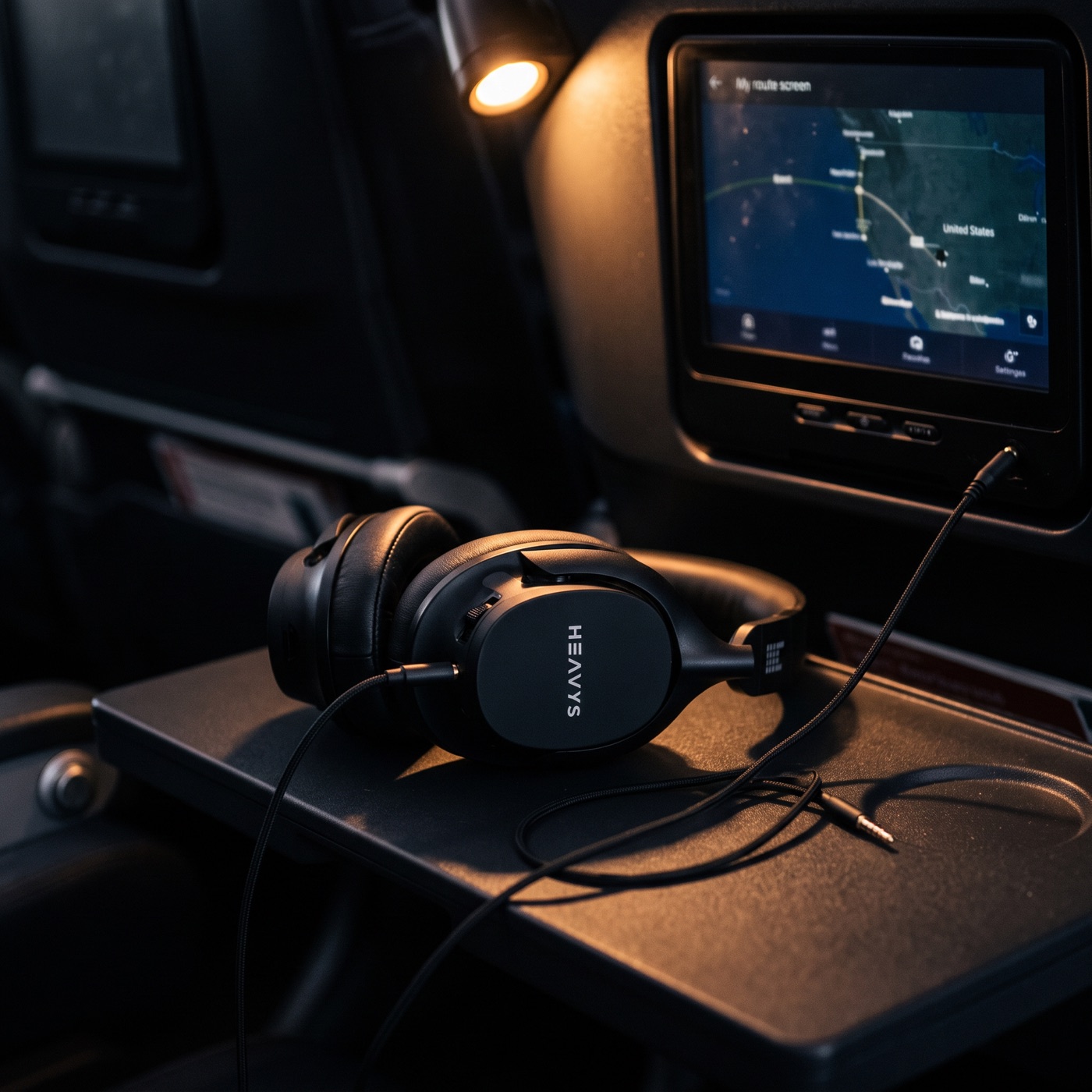 Heavys H1H on an airplane tray table wired into the seat-back screen