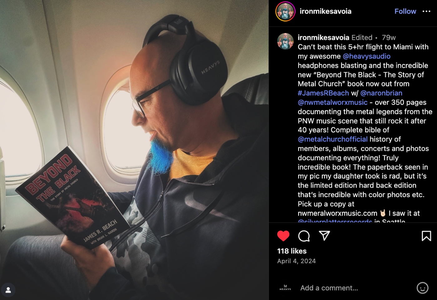 Instagram post from a customer wearing Heavys H1H on a five hour flight to Miami